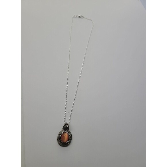 Vintage Silver Tone Orange Cats Eye Pendant Necklace Ornate Filigree Setting - Picture 9 of 12